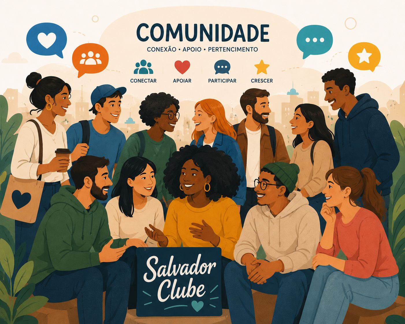 Pessoas conectando em Salvador — Ilustração da comunidade Salvador Clube